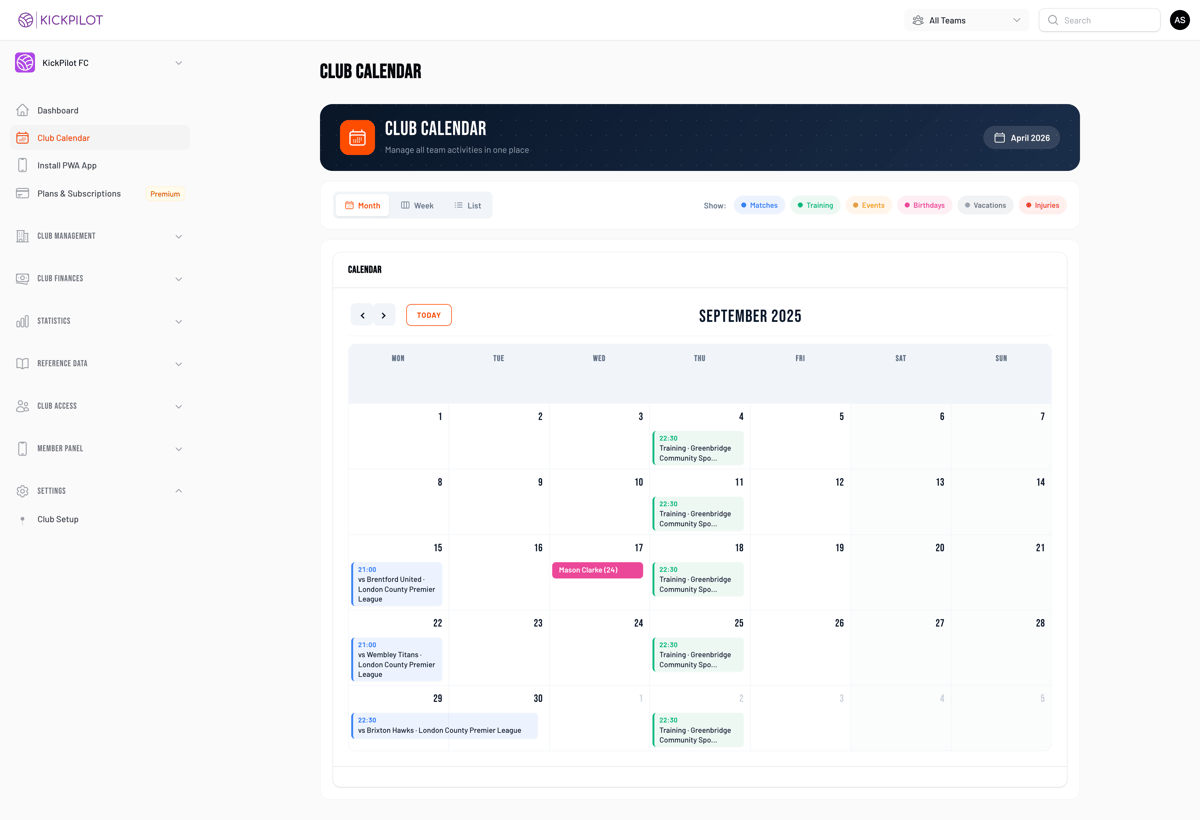 Team calendar showing trainings, matches, and events