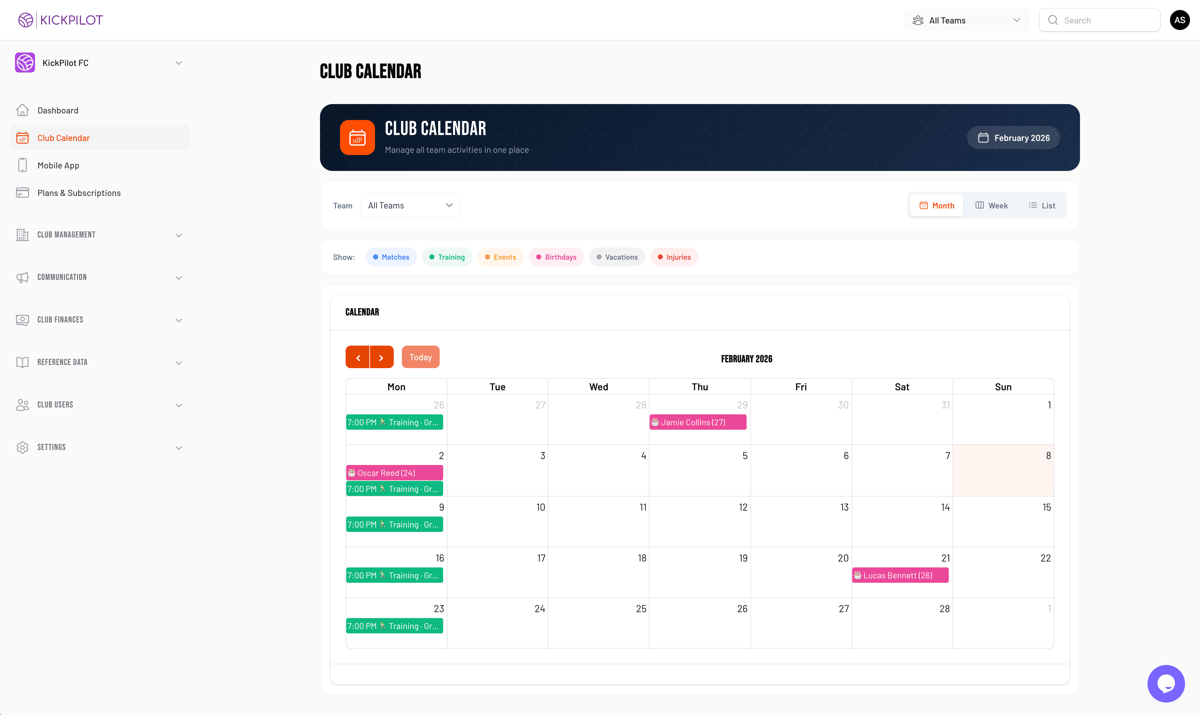 Team calendar showing trainings, matches, and events