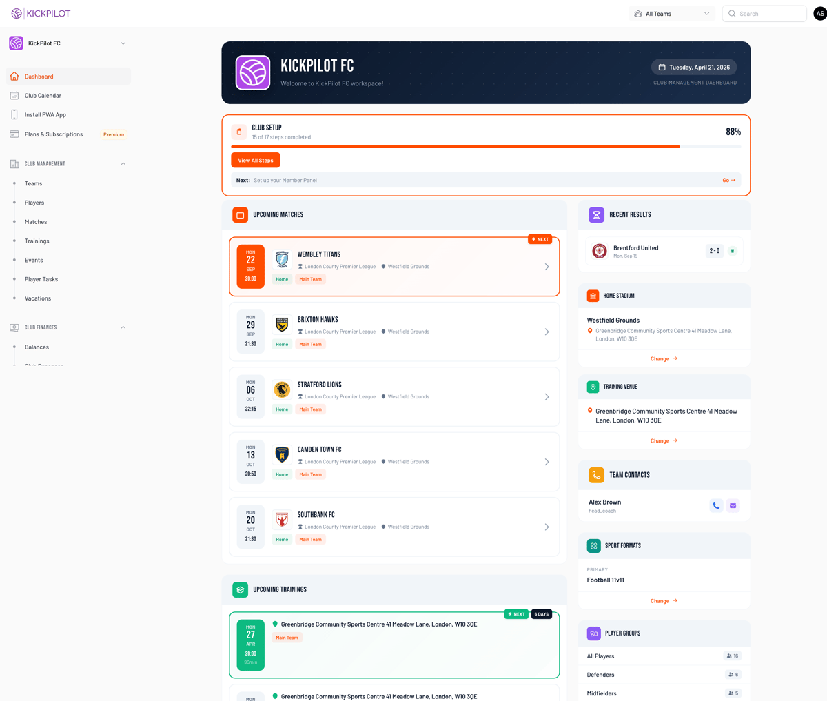 KickPilot football club management dashboard