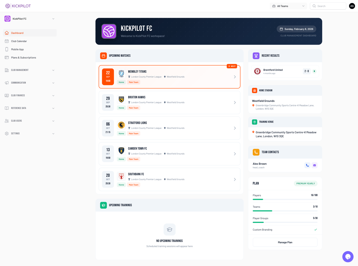 KickPilot football club management dashboard