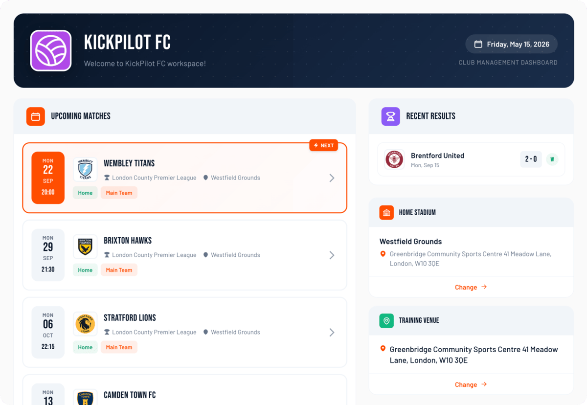 KickPilot coach dashboard with upcoming matches, recent results, home stadium and training venue