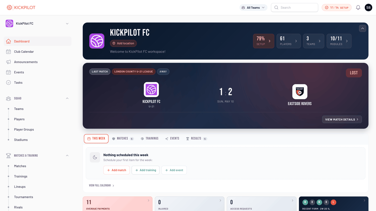 KickPilot-Fußballvereinsverwaltungs-Dashboard