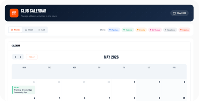 Club calendar with matches, training, events and birthdays in a unified month view