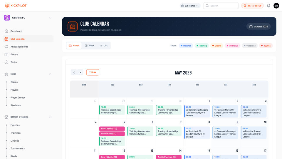 KickPilot calendar view for parents