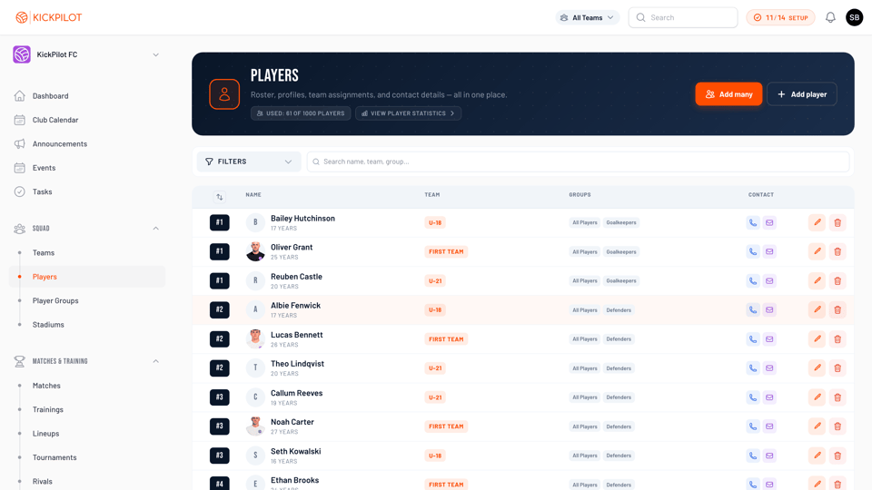 KickPilot players list dashboard for coaches