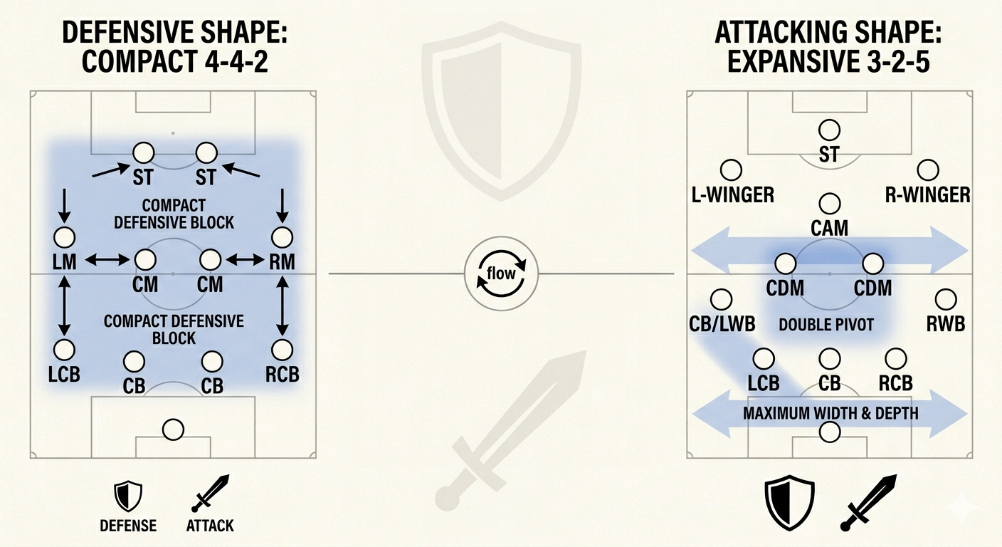 4-4-2 defense and 3-2-5 attack in football