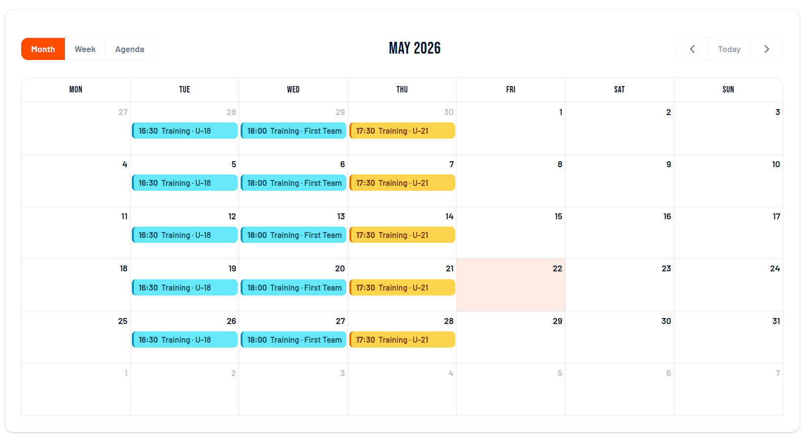 team trainings calendar in football club software